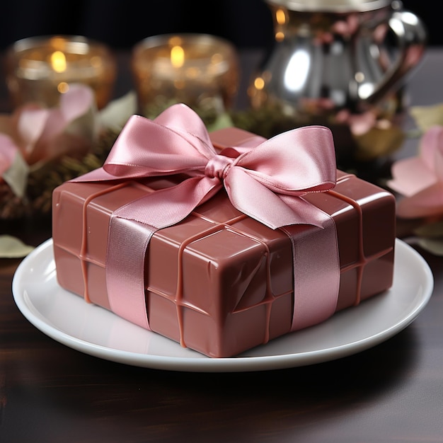 Imagen de un trozo de chocolate muy tentador decorado con un lindo lazo rosa.