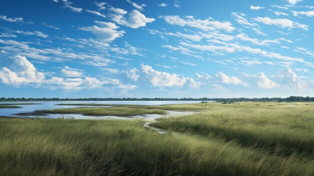 Imagen Uhd muy detallada de una escena marina holandesa con paisaje herboso y agua