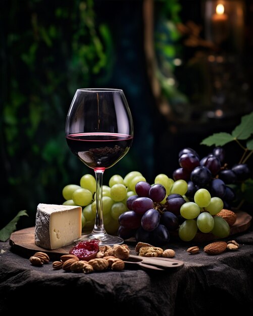 Foto imagen uhd de uva de vino rojo y queso