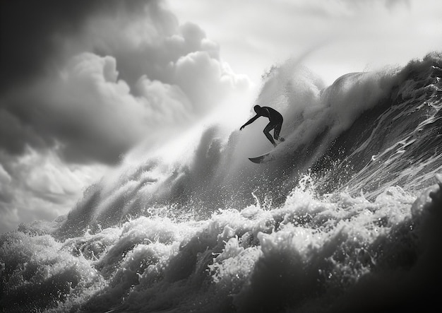 Imagen ultra detallada de una persona en una tabla de surf en una puesta de sol de olas en el fondo