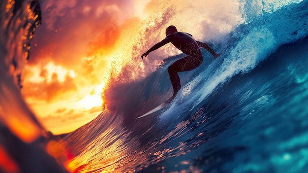 Imagen ultra detallada de una persona en una tabla de surf en una puesta de sol de olas en el fondo