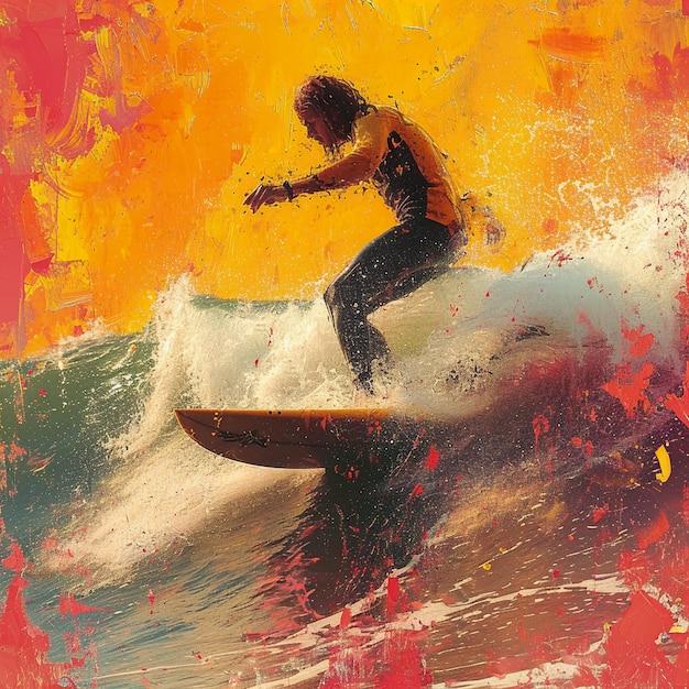 Imagen ultra detallada de una persona en una tabla de surf en una puesta de sol de olas en el fondo
