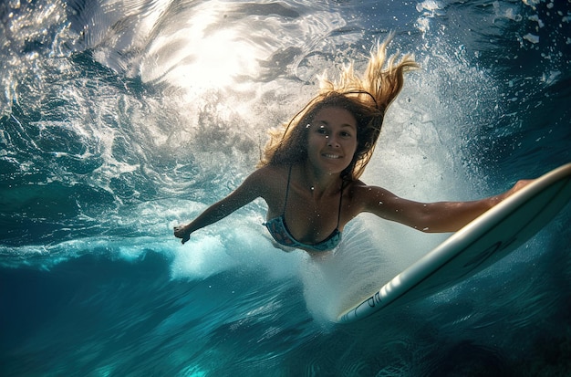 Imagen ultra detallada de una persona en una tabla de surf en una puesta de sol de olas en el fondo