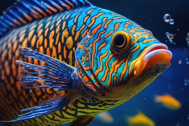 Una imagen ultra de un pez de colores nadando lejos de la cámara