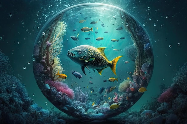 Imagen única del universo submarino alienígena con peces de acuario de vida marina en el espacio