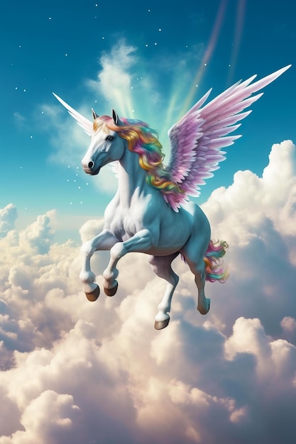 Imagen de unicornio con alas volando en el cielo con nubes de fondo IA generativa