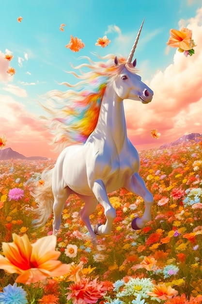 Imagen de un unicornio blanco corriendo por un campo de flores silvestres IA generativa
