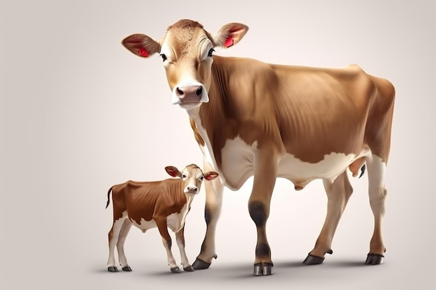 Imagen de vaca madre con ternero sobre fondo blanco Ilustración Generativa AI