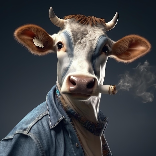 Imagen de una vaca vestida con camisa vaquera y fumando cigarros sobre un fondo limpio Moda Animales salvajes Ilustración generativa de IA