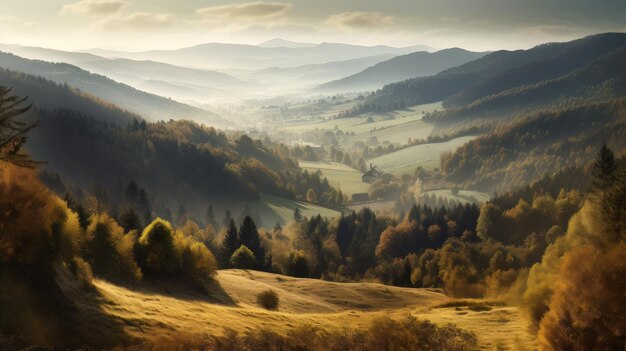 Imagen de un valle de montaña con montañas y un bosque IA generativa