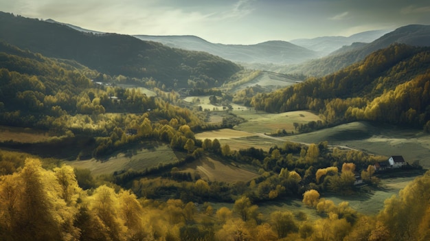 Imagen de un valle de montaña con montañas y un bosque IA generativa