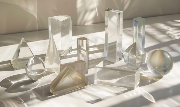 imagen de varias formas geométricas de vidrio transparente colocadas en una superficie brillante