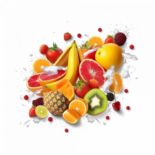 Foto una imagen de una variedad de frutas, incluidos plátanos, fresas y fresas.