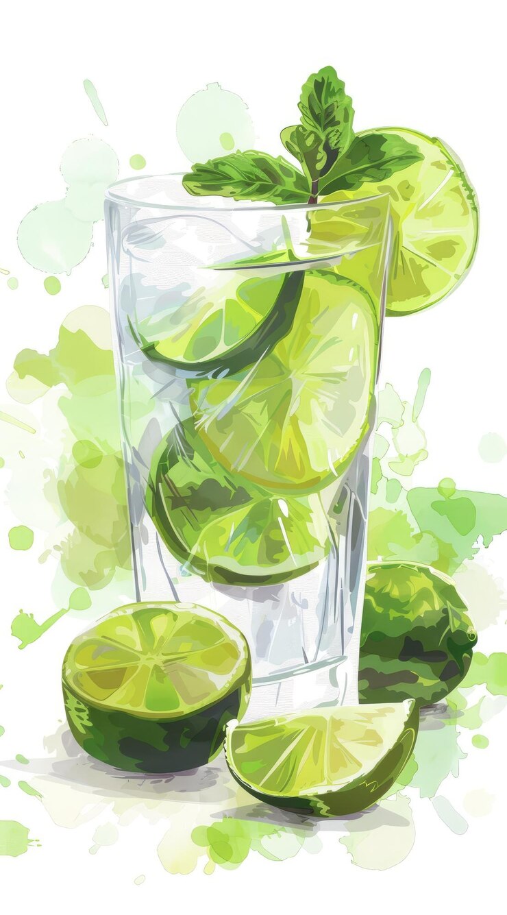 una imagen de un vaso con limas y limas