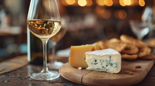 Una imagen de un vaso de vino y queso en una mesa romántica que respalda restaurantes