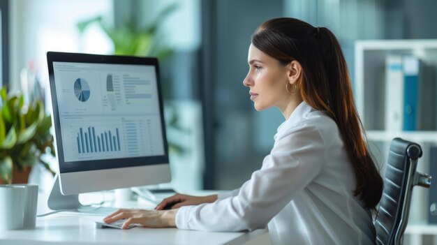 Foto en esta imagen se ve a una ocupada contadora de negocios en el escritorio trabajando en una computadora y usando tablas y gráficos para analizar las finanzas de la compañía en la oficina