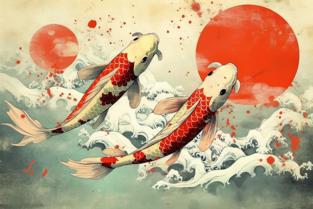 Imagen vectorial de una carpa koi sobre fondo japonésAi generativo