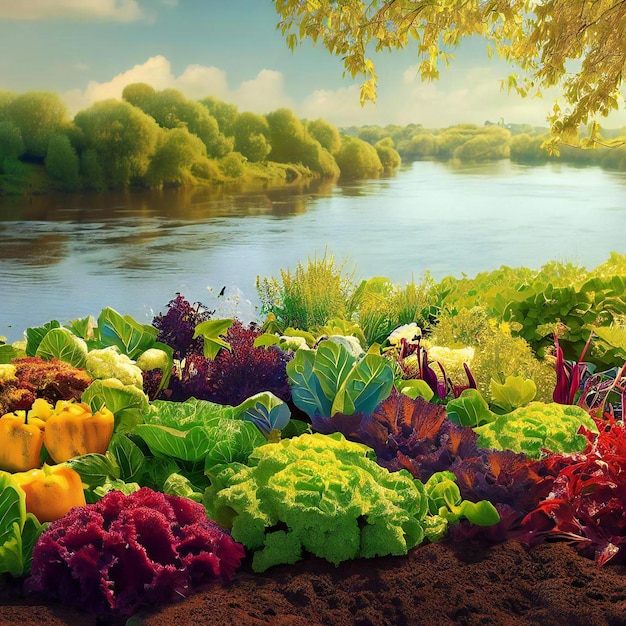 Una imagen de vegetales y un río con un cielo nublado al fondo.