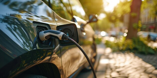 Foto una imagen de un vehículo eléctrico cargando en una estación de carga con cargador aigx