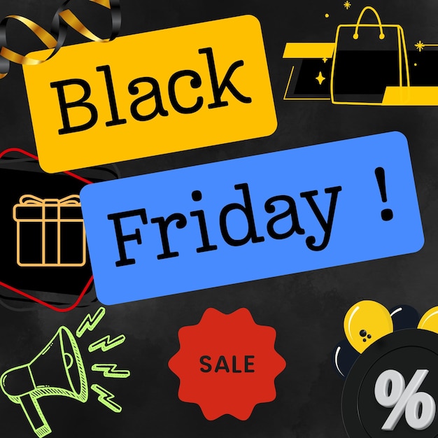 Imagen de venta del Viernes Negro con pancartas coloridas, iconos de compras, regalos y símbolos de descuento