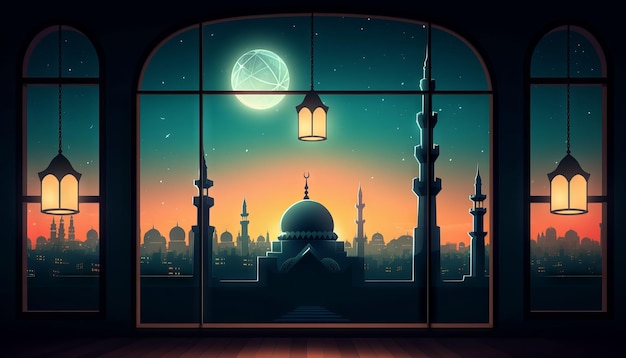 Imagen de una ventana con vista al horizonte de la ciudad con una mezquita iluminada en la distancia para celebrar Eid alFitr Generative ai