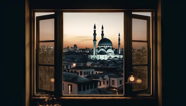 Imagen de una ventana con vista al horizonte de la ciudad con una mezquita iluminada en la distancia para celebrar Eid alFitr Generative ai