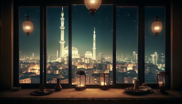 Imagen de una ventana con vista al horizonte de la ciudad con una mezquita iluminada en la distancia para celebrar Eid alFitr Generative ai