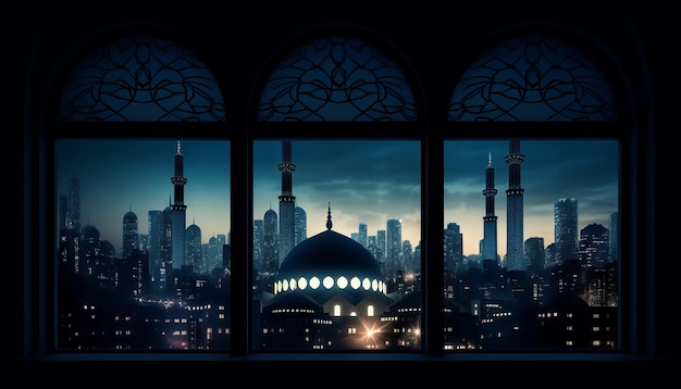 Imagen de una ventana con vista al horizonte de la ciudad con una mezquita iluminada en la distancia para celebrar Eid alFitr Generative ai