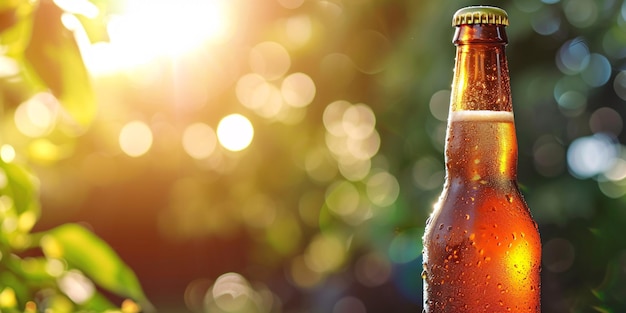 Imagen de verano de una botella de cerveza fría sellada en un cálido día soleado