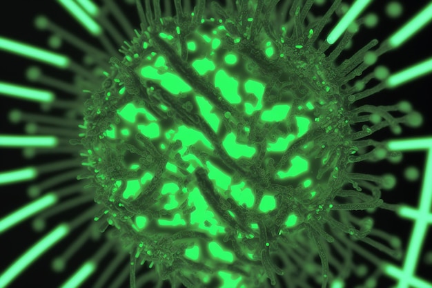 Una imagen verde y negra de un virus que se ilumina con luces verdes.