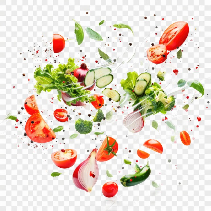 una imagen de verduras y frutas en un fondo a cuadros