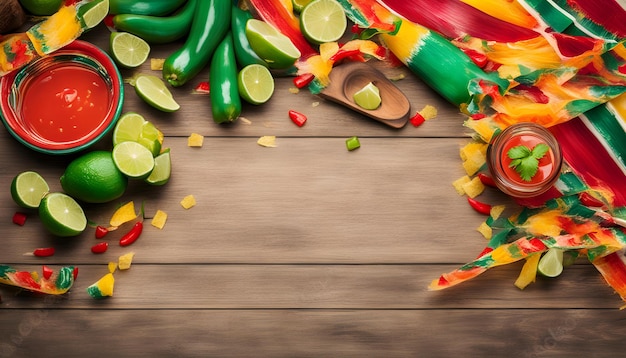 una imagen de verduras y frutas en una mesa de madera