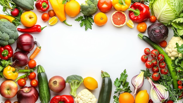 una imagen de verduras y frutas sobre un fondo blanco