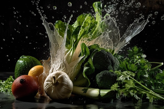 Una imagen de verduras con salpicaduras de líquido en el aire.