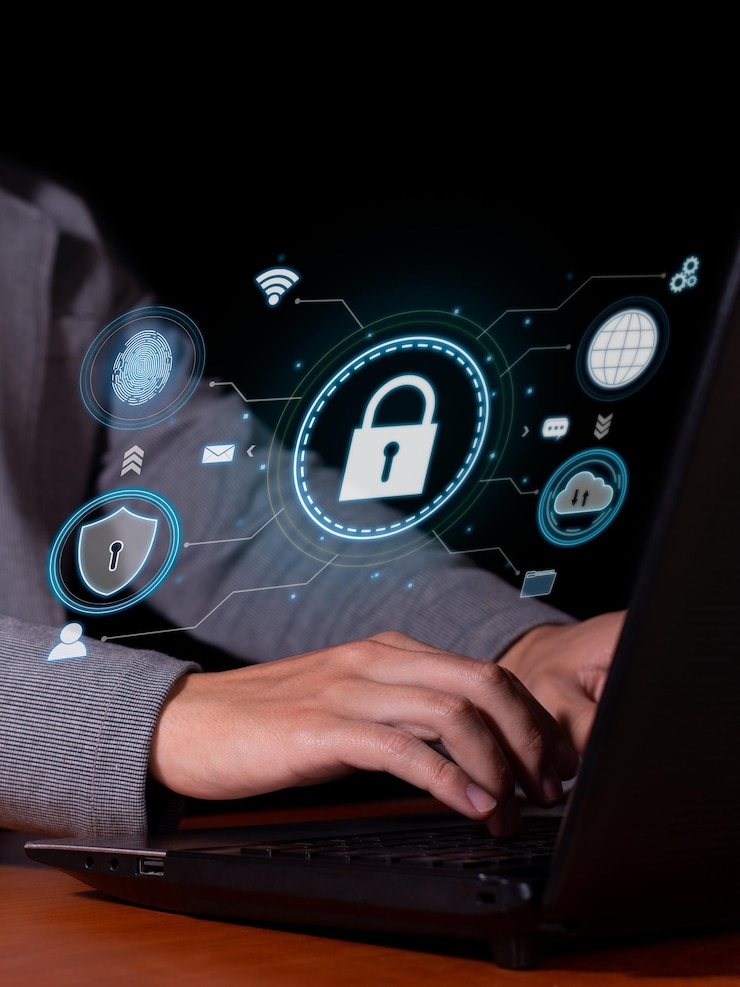 Imagen vertical de cifrado avanzado de ciberseguridad y protección de datos digitales de autenticación biométrica