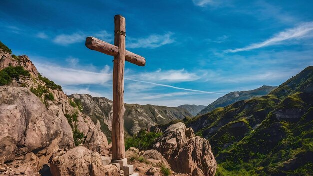 Imagen vertical de una cruz de madera en las montañas rocosas de Mallin en Córdoba, Argentina