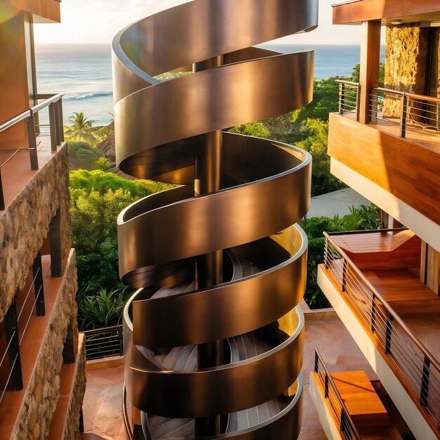 Foto imagen vertical de una escalera de espiral de un edificio bajo la luz del sol en huatulco en méxico