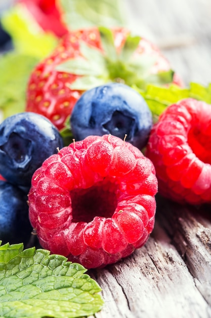 Imagen vertical de fruta de temporada que consiste en frambuesa, fresa, arándanos amargos y encantadora menta aromática.