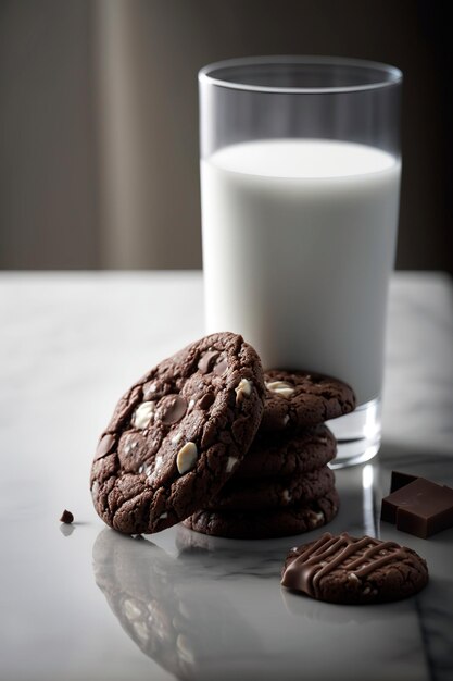 Imagen vertical de galletas de chocolate con un vaso de leche