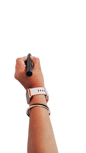 Foto imagen vertical de la mano de una mujer latina con un dial negro con un reloj inteligente y pulseras sobre un fondo blanco copia espacio