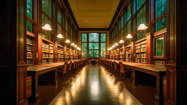 Una imagen vespertina pacífica y acogedora de una biblioteca universitaria vacía con una paleta de colores armoniosos y una iluminación tenue