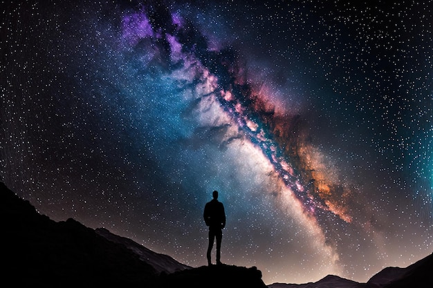 Imagen de la Vía Láctea Noche estrellada con la silueta de un chico parado en una montaña