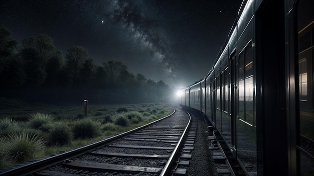 Foto imagen de las vías del tren por la noche