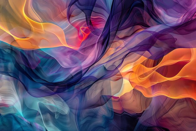 Imagen vibrante y abstracta con patrones giratorios coloridos que mezclan tonos de púrpura, naranja, amarillo y azul creando un efecto visual dinámico
