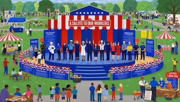 una imagen vibrante y animada celebrando el Día del Trabajo La escena debe establecerse en un parque soleado con trabajo