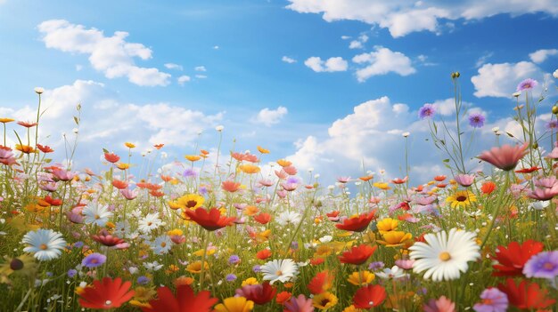 Una imagen de un vibrante campo de flores silvestres en plena floración bajo un cielo azul claro