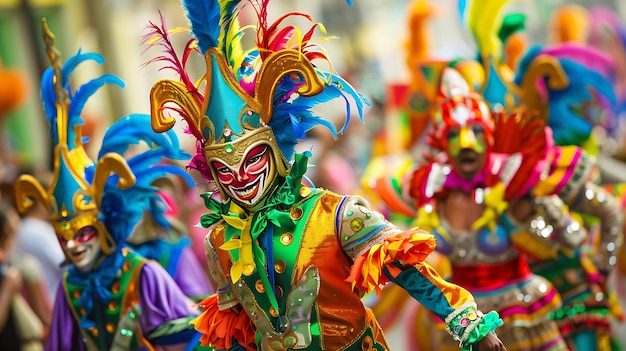 Una imagen vibrante y colorida de un carnaval dominicano