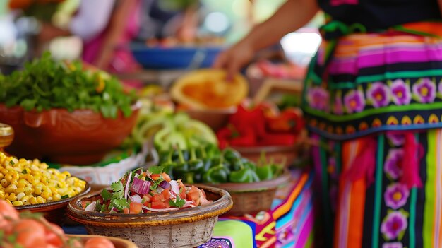 Una imagen vibrante de un mercado tradicional de alimentos mexicanos