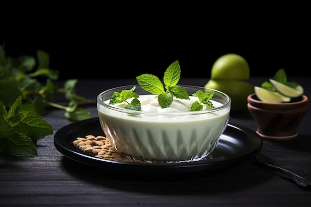 Imagen vibrante de yogur cremoso en un cuenco de vidrio