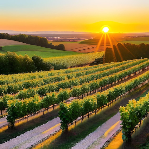 Una imagen de un viñedo con el sol brillando en el horizonte.